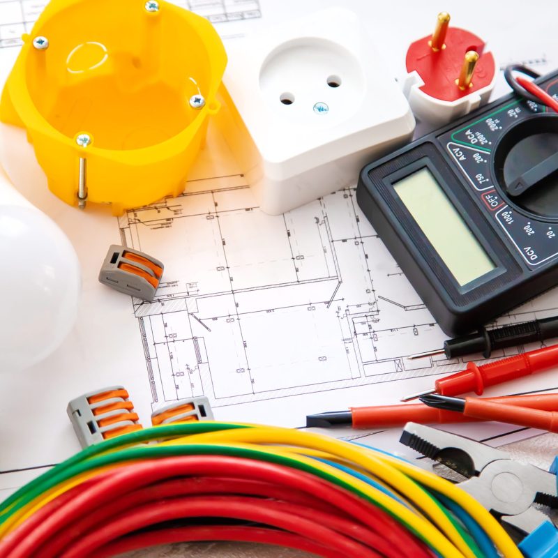 Electrical repair tools in the house. Selective focus. plan